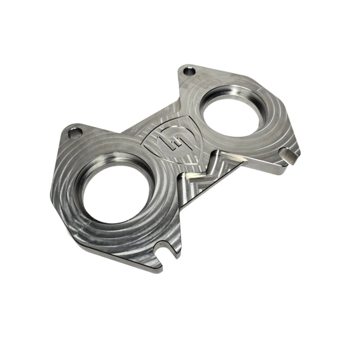 16mm billet stainless steel flange designed for 13B engines, CNC machined for precision, with mounting holes and compatible with SCH 10 2-inch pipe or 2.25-inch tubing.