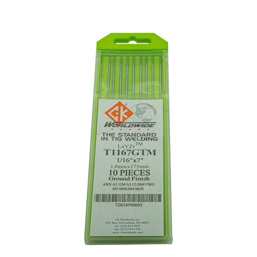 CK Worldwide LaYZr™ Chartreuse tungsten electrodes, known for their stability and versatility, are perfect for welding a wide range of alloys. Non-radioactive, they offer long life, excellent low amperage starts, and are ideal for automated or robotic applications in AC and DC welding.