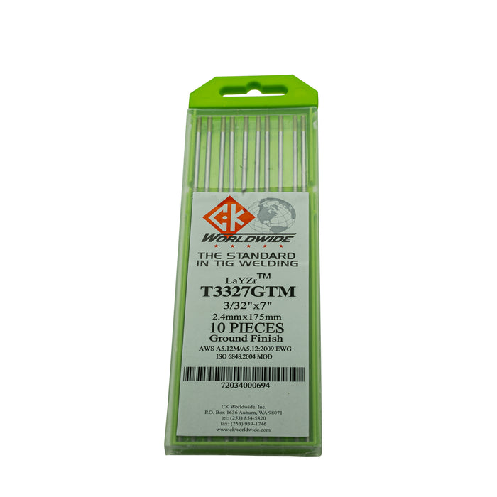 CK Worldwide LaYZr™ Chartreuse tungsten electrodes, known for their stability and versatility, are perfect for welding a wide range of alloys. Non-radioactive, they offer long life, excellent low amperage starts, and are ideal for automated or robotic applications in AC and DC welding.