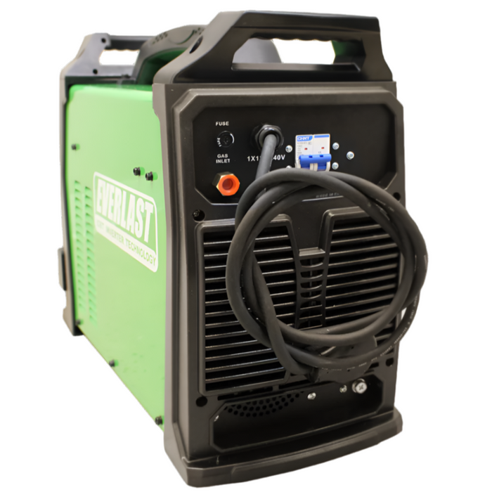 The Cyclone 253DPi Pulse MIG welder by Everlast, offering advanced single and double pulse capabilities (pulse on pulse/twin pulse) for improved weld quality and precision. The welder features a user-friendly LCD screen, multiple welding processes (MIG, Pulse MIG, Flux-Cored, DC Lift Start TIG, and DC Stick), and the new PowerSet program option for easy setup, allowing users to quickly adjust settings based on material type, wire diameter, and material thickness