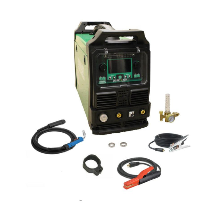 The Cyclone 253DPi Pulse MIG welder by Everlast, offering advanced single and double pulse capabilities (pulse on pulse/twin pulse) for improved weld quality and precision. The welder features a user-friendly LCD screen, multiple welding processes (MIG, Pulse MIG, Flux-Cored, DC Lift Start TIG, and DC Stick), and the new PowerSet program option for easy setup, allowing users to quickly adjust settings based on material type, wire diameter, and material thickness.