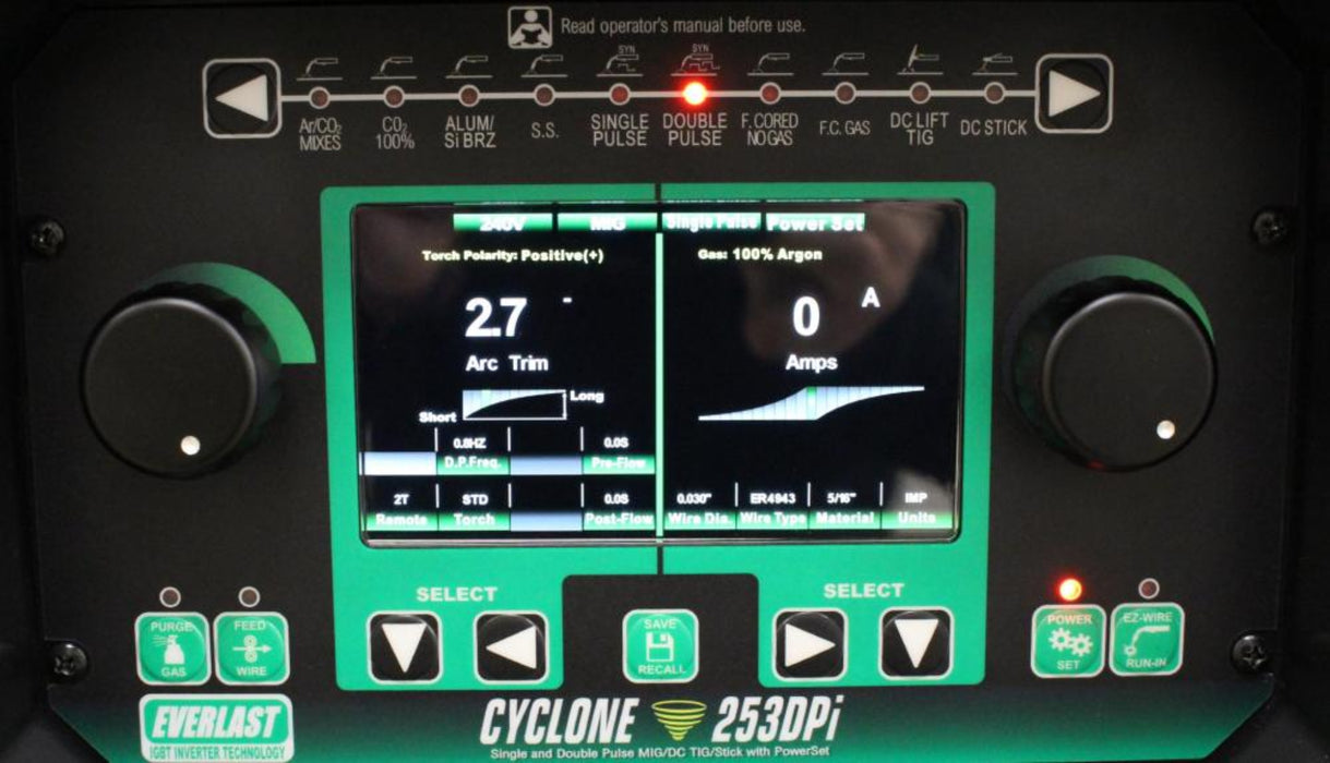 The Cyclone 253DPi Pulse MIG welder by Everlast, offering advanced single and double pulse capabilities (pulse on pulse/twin pulse) for improved weld quality and precision. The welder features a user-friendly LCD screen, multiple welding processes (MIG, Pulse MIG, Flux-Cored, DC Lift Start TIG, and DC Stick), and the new PowerSet program option for easy setup, allowing users to quickly adjust settings based on material type, wire diameter, and material thickness.
