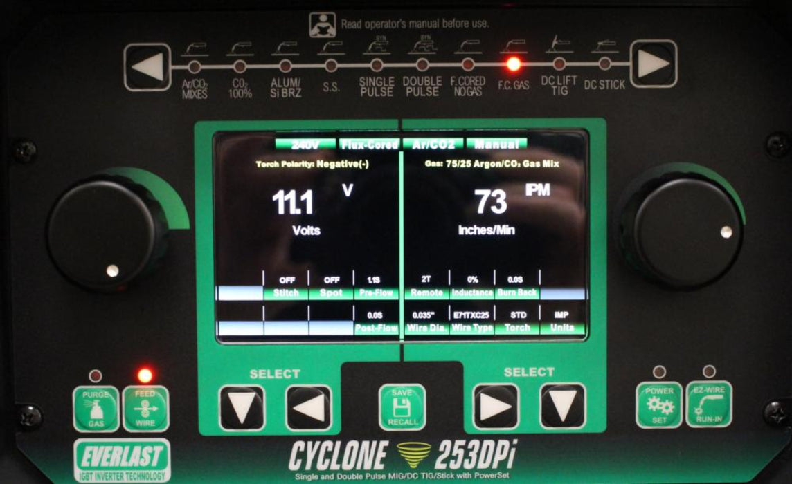 The Cyclone 253DPi Pulse MIG welder by Everlast, offering advanced single and double pulse capabilities (pulse on pulse/twin pulse) for improved weld quality and precision. The welder features a user-friendly LCD screen, multiple welding processes (MIG, Pulse MIG, Flux-Cored, DC Lift Start TIG, and DC Stick), and the new PowerSet program option for easy setup, allowing users to quickly adjust settings based on material type, wire diameter, and material thickness.