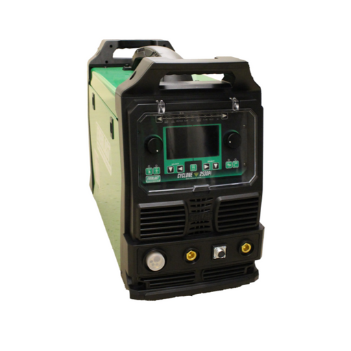 The Cyclone 253DPi Pulse MIG welder by Everlast, offering advanced single and double pulse capabilities (pulse on pulse/twin pulse) for improved weld quality and precision. The welder features a user-friendly LCD screen, multiple welding processes (MIG, Pulse MIG, Flux-Cored, DC Lift Start TIG, and DC Stick), and the new PowerSet program option for easy setup, allowing users to quickly adjust settings based on material type, wire diameter, and material thickness.