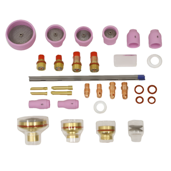 A comprehensive MASTER Gas Lens TIG Kit designed for 17, 18, 26, 9, and 20 series TIG torches. It includes a variety of gas lenses, ceramic nozzles, collets, alumina cups, sealing rings, and tungsten electrodes. The kit is designed to improve gas flow and weld quality, making it ideal for welding sensitive metals. Contents include gas lenses, protective foam box, tungsten electrodes, and various torch accessories such as cups and screens for enhanced welding performance.