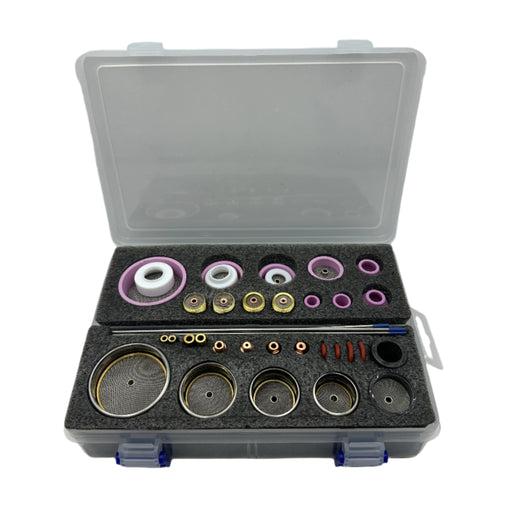 A comprehensive MASTER Gas Lens TIG Kit designed for 17, 18, 26, 9, and 20 series TIG torches. It includes a variety of gas lenses, ceramic nozzles, collets, alumina cups, sealing rings, and tungsten electrodes. The kit is designed to improve gas flow and weld quality, making it ideal for welding sensitive metals. Contents include gas lenses, protective foam box, tungsten electrodes, and various torch accessories such as cups and screens for enhanced welding performance.