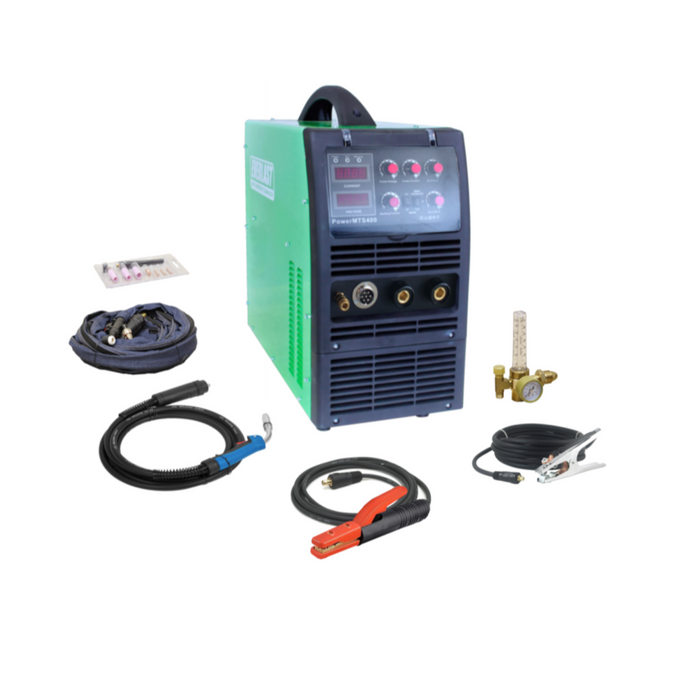 Full product setup of the Everlast PowerMTS 400 multi-process welder, including main unit and accessories.