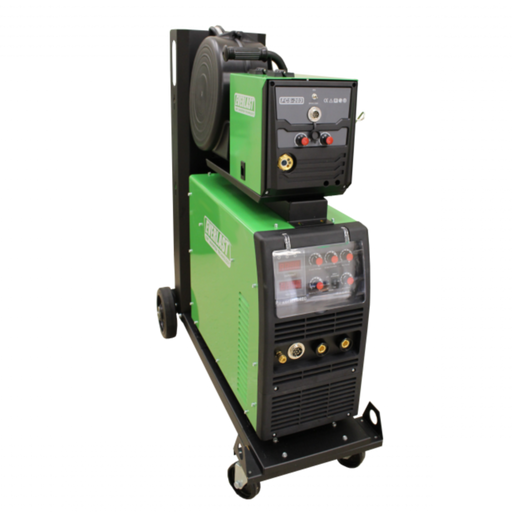 Full setup of the Everlast PowerMTS 400 including torch, cables, wire feeder, and industrial cart for shop or jobsite use.