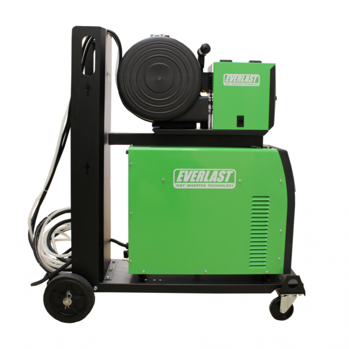 Side view of the complete Everlast PowerMTS 400 welder setup, including the main unit, wire feeder, torches, and industrial welding cart, ready for heavy-duty use.