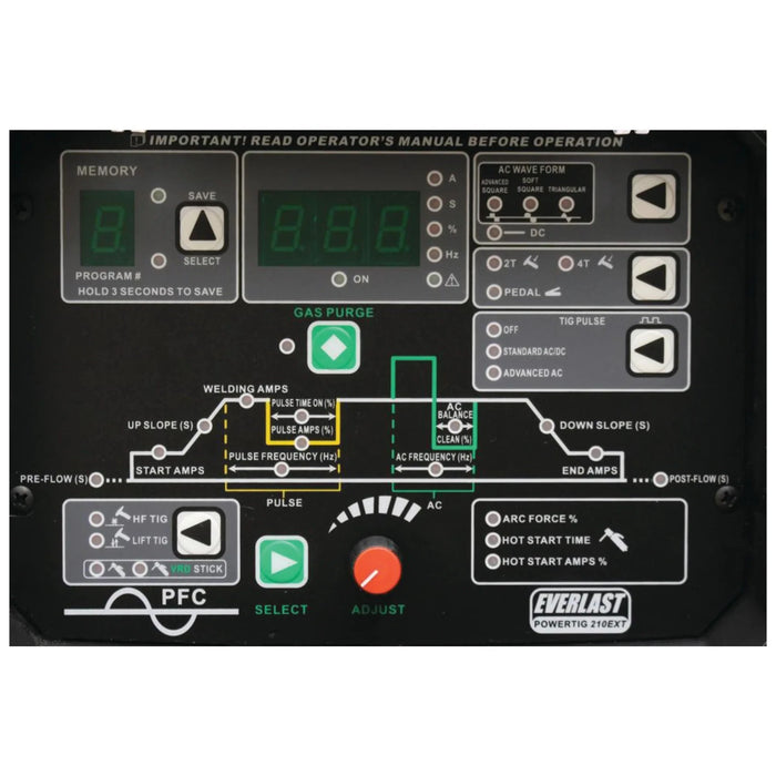 Everlast PowerTIG 210EXT TIG/Stick welder with digital microprocessor control, IGBT inverter technology, and three waveforms (Advanced Square, Soft Square, and Triangular) for enhanced arc stability. Features programmable memory, adjustable AC frequency and balance, hot start, and arc force control. Includes two pulse modes for fine control on aluminum, with a heavy-duty HF arc start design for reduced maintenance.  Ideal for both professionals and enthusiasts with intuitive setup and flexible performance.