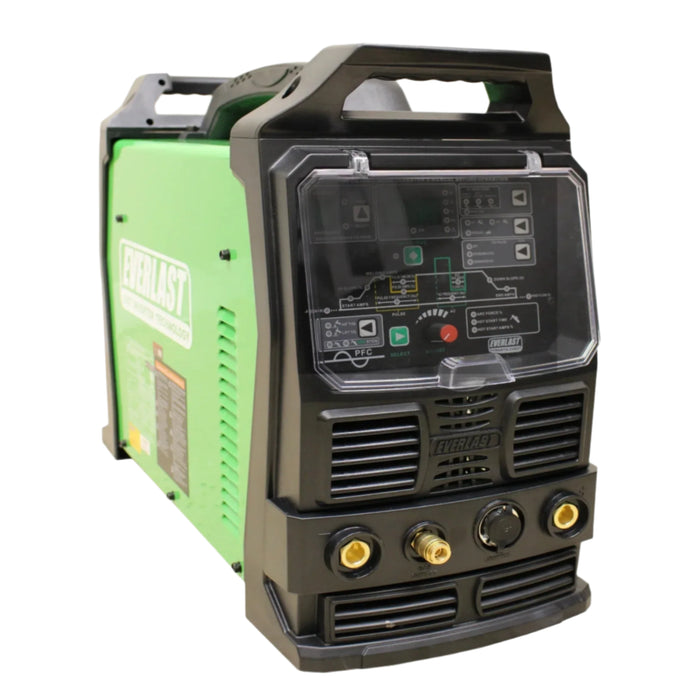 Everlast PowerTIG 210EXT TIG/Stick welder with digital microprocessor control, IGBT inverter technology, and three waveforms (Advanced Square, Soft Square, and Triangular) for enhanced arc stability. Features programmable memory, adjustable AC frequency and balance, hot start, and arc force control. Includes two pulse modes for fine control on aluminum, with a heavy-duty HF arc start design for reduced maintenance.  Ideal for both professionals and enthusiasts with intuitive setup and flexible performance.