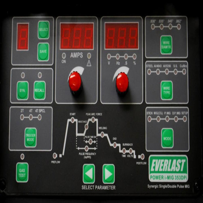 The Everlast Power i-MIG 353DPi is an advanced MIG welder with inverter-based pulse technology. It’s ideal for welding aluminum and bronze, featuring Single and Double Pulse modes for better heat control and weld appearance. With 40 pre-programmed settings, customizable programs, and a 60% duty cycle at 350 Amps, it’s perfect for professionals requiring high performance and versatility in their welding equipment.