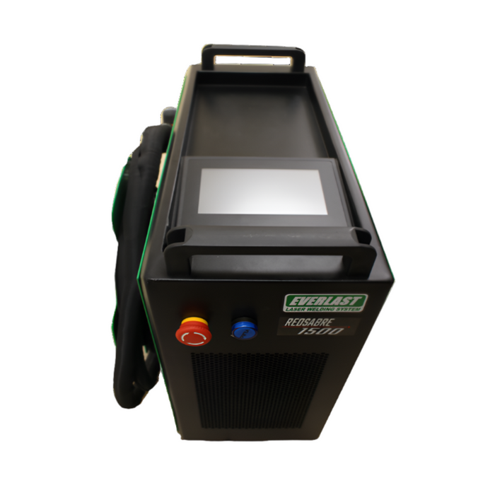 Everlast RedSabre 1500 Laser Welder with air-cooled fiber laser technology, 1500W power, and 1070 nm wavelength. Features an ergonomic gun, 240V 1-phase power, and a 10m cable. Welds, cuts, and cleans/descales. Welds steel up to .160" and aluminum up to .140", with a maximum weld of 5/32" (4mm) on mild/stainless steel and 1/8" (3.5mm) on aluminum. Includes separate wire feeder, 116 lbs base unit, and detachable touch screen controls. Portable, compact design with efficient cooling for precision welding.
