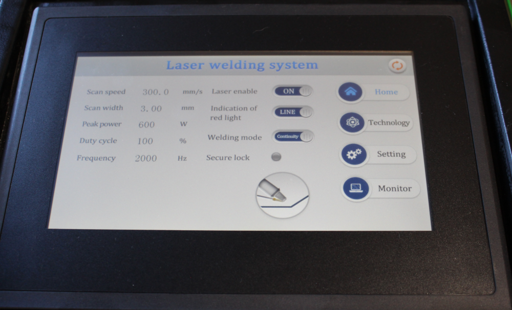 Everlast RedSabre 1500 Laser Welder with air-cooled fiber laser technology, 1500W power, and 1070 nm wavelength. Features an ergonomic gun, 240V 1-phase power, and a 10m cable. Welds, cuts, and cleans/descales. Welds steel up to .160" and aluminum up to .140", with a maximum weld of 5/32" (4mm) on mild/stainless steel and 1/8" (3.5mm) on aluminum. Includes separate wire feeder, 116 lbs base unit, and detachable touch screen controls. Portable, compact design with efficient cooling for precision welding.