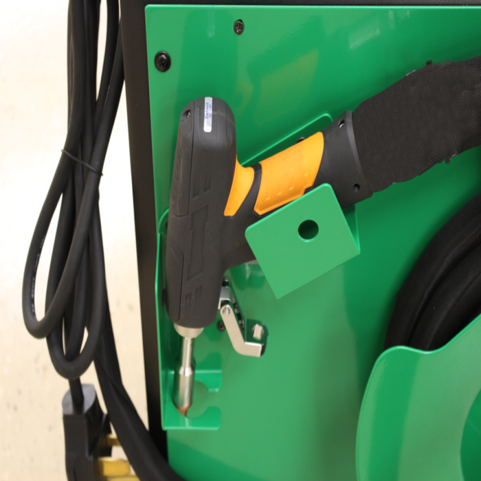 Everlast RedSabre 1500 Laser Welder with air-cooled fiber laser technology, 1500W power, and 1070 nm wavelength. Features an ergonomic gun, 240V 1-phase power, and a 10m cable. Welds, cuts, and cleans/descales. Welds steel up to .160" and aluminum up to .140", with a maximum weld of 5/32" (4mm) on mild/stainless steel and 1/8" (3.5mm) on aluminum. Includes separate wire feeder, 116 lbs base unit, and detachable touch screen controls. Portable, compact design with efficient cooling for precision welding.