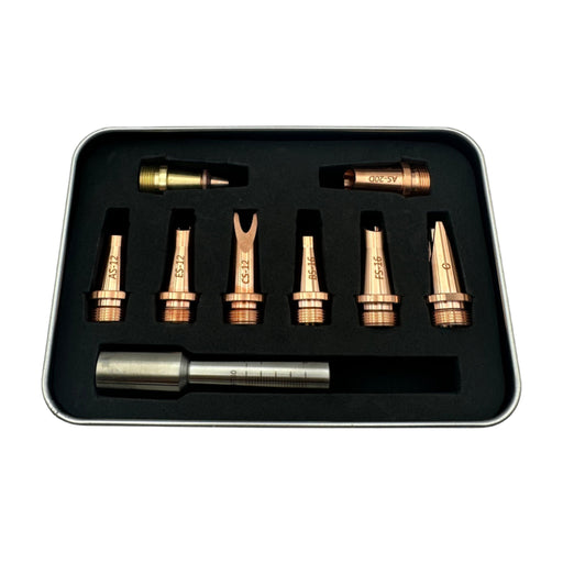 Everlast RedSabre Laser complete welding nozzle kit with 8 copper wire feed and cutting nozzles in a foam-lined metal case, includes adjustable focus tube.