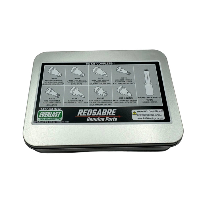 Everlast RedSabre Laser welding nozzle kit in labelled metal case – RS-KIT-COMPLETE-1 – includes 8 nozzles and focus tube.