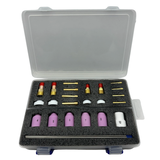 Everlast Starter Gas Lens TIG Kit compatible with 9, 20, 17, 18, and 26 series TIG torches, including ceramic gas lens cups (#4–#8), champagne nozzle with screen, short and long gas lenses, wedge collets in 3/32" and 1/8", insulators, and blue lanthanated tungsten electrodes, all packed in a foam-lined protective box.