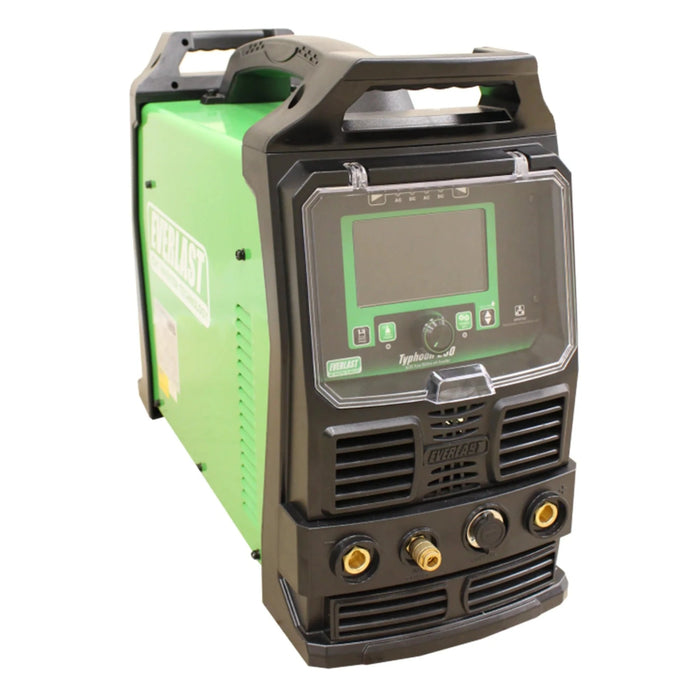 Everlast Typhoon 230 TIG/Stick welder with 70% duty cycle, 7-inch HD LCD screen, and five AC waveforms for precise aluminum welding. Features 30 memory programs, DC pulse shaping, solid-state TIG start, and high Power Factor Correction for efficient power use. Offers excellent AC/DC stick output, adjustable settings, and is versatile with 120V/240V operation and fan/cooler control.