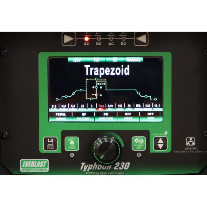 Everlast Typhoon 230 TIG/Stick welder with 70% duty cycle, 7-inch HD LCD screen, and five AC waveforms for precise aluminum welding. Features 30 memory programs, DC pulse shaping, solid-state TIG start, and high Power Factor Correction for efficient power use. Offers excellent AC/DC stick output, adjustable settings, and is versatile with 120V/240V operation and fan/cooler control.