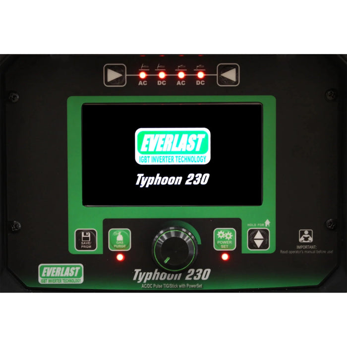Everlast Typhoon 230 TIG/Stick welder with 70% duty cycle, 7-inch HD LCD screen, and five AC waveforms for precise aluminum welding. Features 30 memory programs, DC pulse shaping, solid-state TIG start, and high Power Factor Correction for efficient power use. Offers excellent AC/DC stick output, adjustable settings, and is versatile with 120V/240V operation and fan/cooler control.