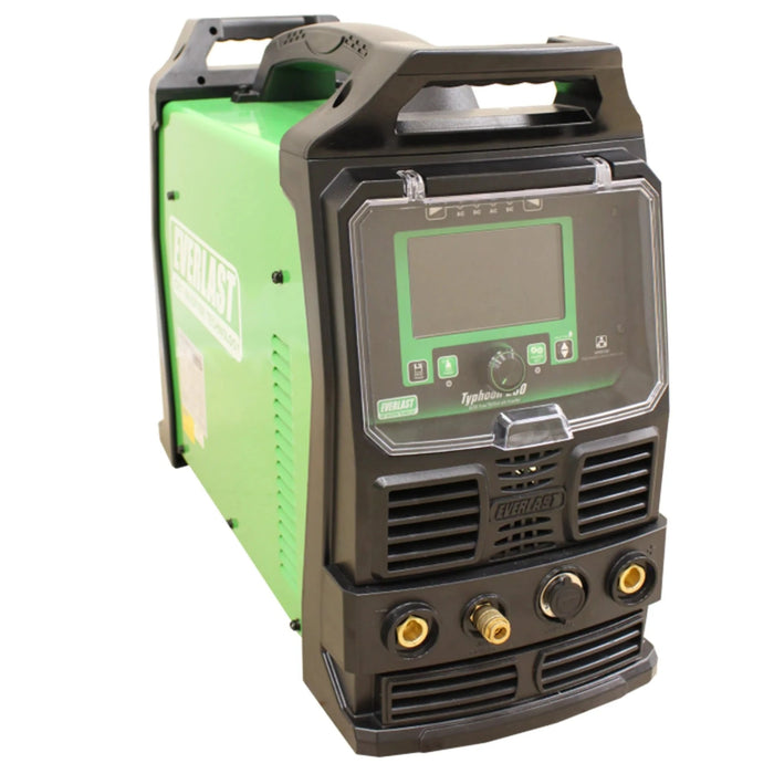 Everlast Typhoon 330 (3 Phase) TIG/Stick welder with a 5.1" HD Color LCD screen for easy parameter adjustments. Features advanced AC/DC capabilities with five AC waveforms, including the industry's first Trapezoid waveform, adjustable DC pulse, and AC frequency up to 400Hz. Offers 325A max output with a 35% duty cycle, ideal for welding aluminum and other materials. Smooth DC arc for E7018 and E6010 rods. Suitable for both TIG and Stick welding with customizable settings for enhanced control and performance