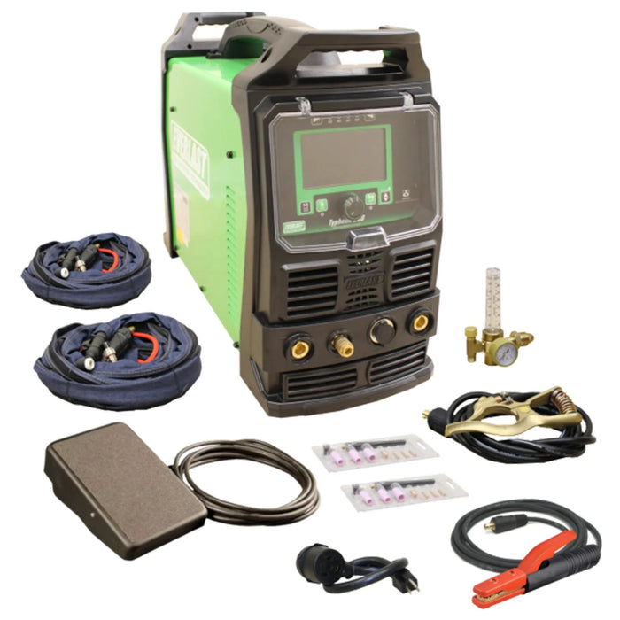 Everlast Typhoon 330 (3 Phase) TIG/Stick welder with a 5.1" HD Color LCD screen for easy parameter adjustments. Features advanced AC/DC capabilities with five AC waveforms, including the industry's first Trapezoid waveform, adjustable DC pulse, and AC frequency up to 400Hz. Offers 325A max output with a 35% duty cycle, ideal for welding aluminum and other materials. Smooth DC arc for E7018 and E6010 rods. Suitable for both TIG and Stick welding with customizable settings for enhanced control and performance