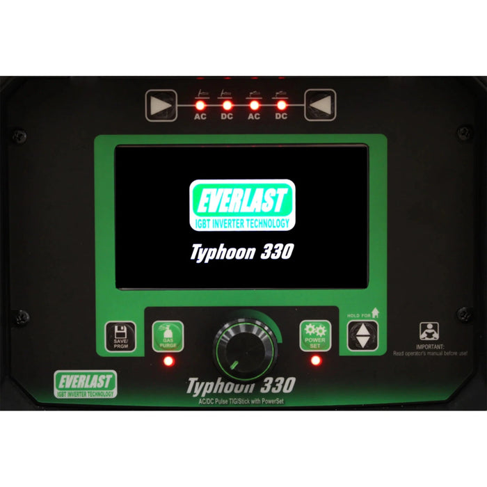 Everlast Typhoon 330 (3 Phase) TIG/Stick welder with a 5.1" HD Color LCD screen for easy parameter adjustments. Features advanced AC/DC capabilities with five AC waveforms, including the industry's first Trapezoid waveform, adjustable DC pulse, and AC frequency up to 400Hz. Offers 325A max output with a 35% duty cycle, ideal for welding aluminum and other materials. Smooth DC arc for E7018 and E6010 rods. Suitable for both TIG and Stick welding with customizable settings for enhanced control and performance