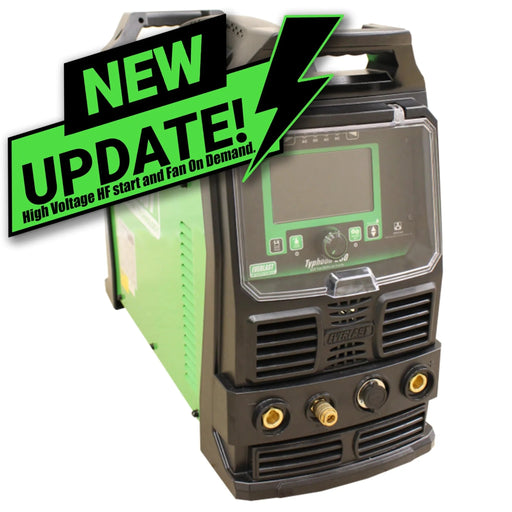 Everlast Typhoon 330 (3 Phase) TIG/Stick welder with a 5.1" HD Color LCD screen for easy parameter adjustments. Features advanced AC/DC capabilities with five AC waveforms, including the industry's first Trapezoid waveform, adjustable DC pulse, and AC frequency up to 400Hz. Offers 325A max output with a 35% duty cycle, ideal for welding aluminum and other materials. Smooth DC arc for E7018 and E6010 rods. Suitable for both TIG and Stick welding with customizable settings for enhanced control and performance