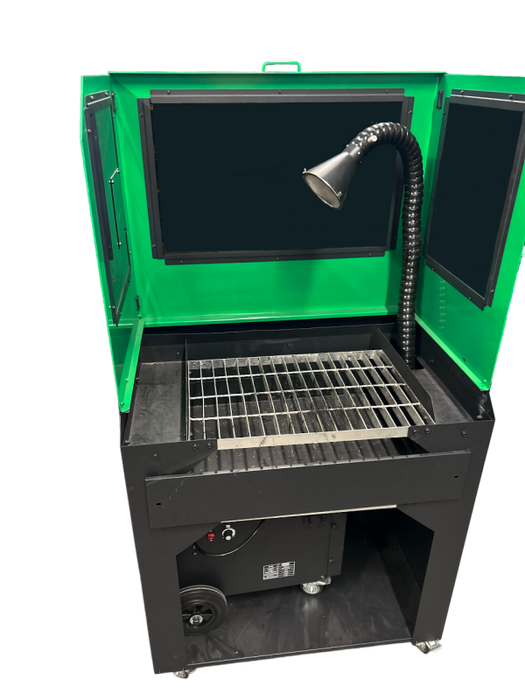 Everlast Fab-Rite professional portable welding station with integrated work surface, tool storage, and caster wheels for mobility and on-site fabrication.