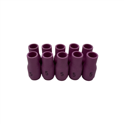 Pack of 5 ceramic nozzles (10-pack) compatible with 9/20, 17, 18, and 26 torches. Includes adapter hardware for mounting on standard Collet body and comes with options for 17, 18, and 26 series torches. Features 1/4-inch ID for optimal performance.