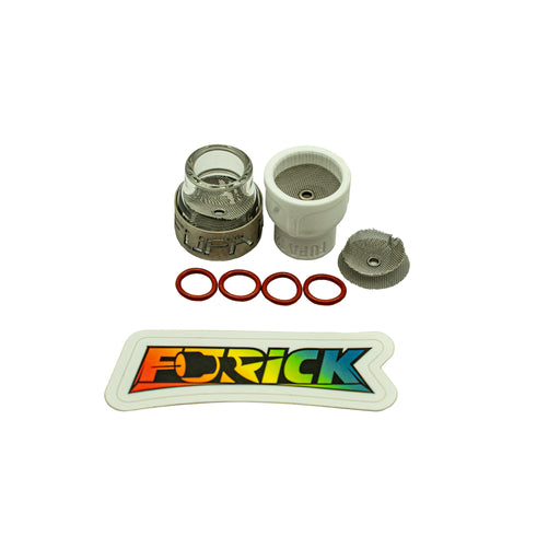 Fupa #12 Ceramic and Glass with Titanium Cover, includes Ceramic Fupa #12, Glass Fupa #12 with Titanium Cover, and O-rings for mounting. Compatible with 45V44 and 17 series torches. Recommended for DC applications, up to 200 non-continuous amps, and for 3/32 - 2.4mm tungsten size.