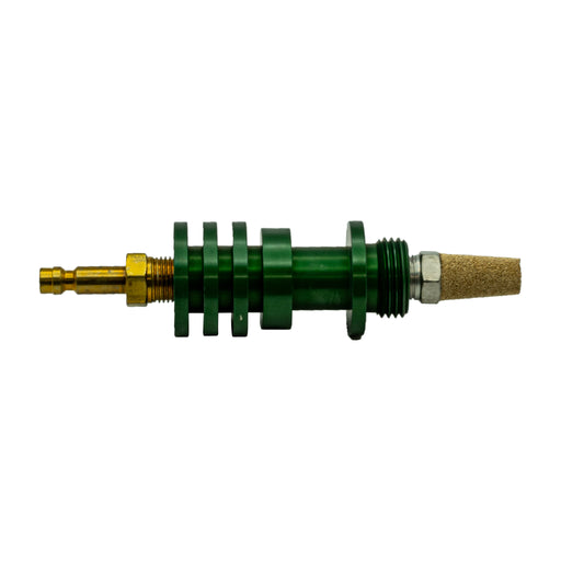 Gokey’s Garage M18 O2 Bung Heatsink with aluminum body, gas line barb, and diffuser, designed to prevent bung warping and simplify TIG weld purging with optional dual swivel adapter for hose management.