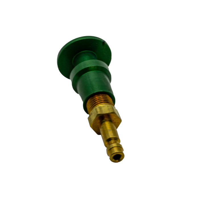 Gokey’s Garage green anodized silicone plug adapter with brass 1/8 NPT fitting, designed to securely connect purge hoses to TIG Aesthetics and high-temp masking plugs, retaining diffuser screen functionality and preventing disconnection during welding.