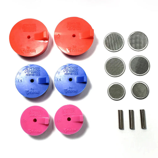 Tig Aesthetics Turbo Manifold Purge Plug Kit featuring high-temp silicone plugs in magenta, blue, and red, stainless steel mesh diffusers, and titanium argon inlet tubes for efficient and turbulence-free back purging in welding applications.