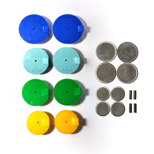 Exhaust Silicone Purge Plug Kit by Ticon Industries and Tig Aesthetics, designed for back purging with high-temperature silicone pipe plugs. The kit includes two yellow 2.5″ plugs, two green 3″ plugs, two cyan 3.5″ plugs, and two blue 4″ plugs, along with eight stainless steel mesh diffusers and four lightweight titanium argon inlet tubes with 0.5mm walls to maximize argon efficiency and reduce turbulence.