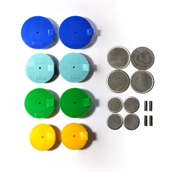Exhaust Silicone Purge Plug Kit by Ticon Industries and Tig Aesthetics, designed for back purging with high-temperature silicone pipe plugs. The kit includes two yellow 2.5″ plugs, two green 3″ plugs, two cyan 3.5″ plugs, and two blue 4″ plugs, along with eight stainless steel mesh diffusers and four lightweight titanium argon inlet tubes with 0.5mm walls to maximize argon efficiency and reduce turbulence.