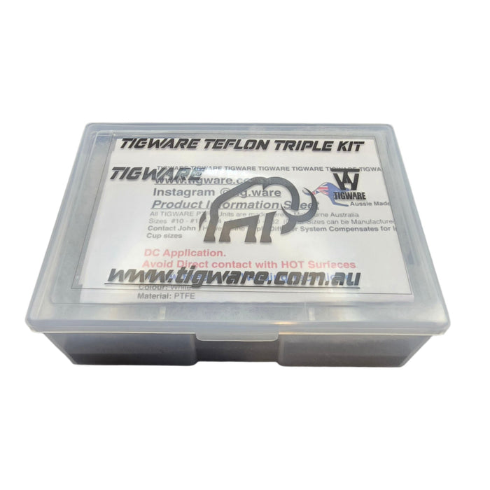 TIGWARE Teflon Boxed Triple Kit – includes #12, #16, and #20 Teflon diffuser units with spare diffusers and torch adapter; designed for DC TIG welding with Triple Diffuser System for extended stick-out and smooth gas flow.