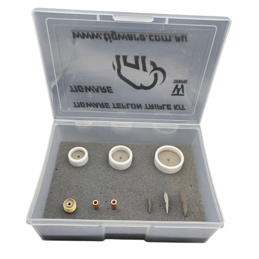TIGWARE Teflon Boxed Triple Kit – includes #12, #16, and #20 Teflon diffuser units with spare diffusers and torch adapter; designed for DC TIG welding with Triple Diffuser System for extended stick-out and smooth gas flow.