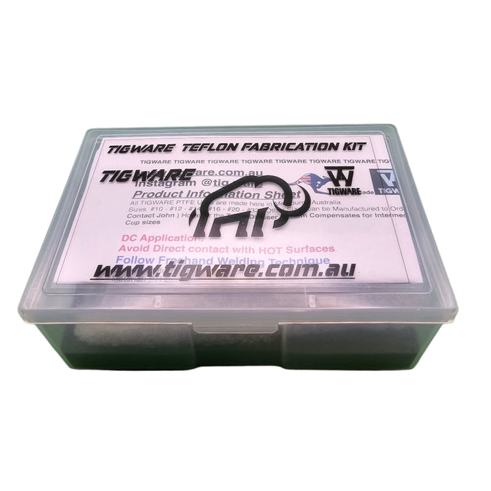 TIGWARE Teflon Fabrication Kit Closed Lid– discounted boxed set featuring five TEFLON diffuser units (#10, #12, #14, #16, #20) with matching spare diffusers, torch adapter, and collets. Designed for DC TIG welding with TIGWARE’s Triple Diffuser System for superior gas flow, extended stick-out, and weld control