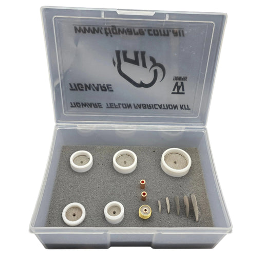 TIGWARE Teflon Fabrication Kit – discounted boxed set featuring five TEFLON diffuser units (#10, #12, #14, #16, #20) with matching spare diffusers, torch adapter, and collets. Designed for DC TIG welding with TIGWARE’s Triple Diffuser System for superior gas flow, extended stick-out, and weld control