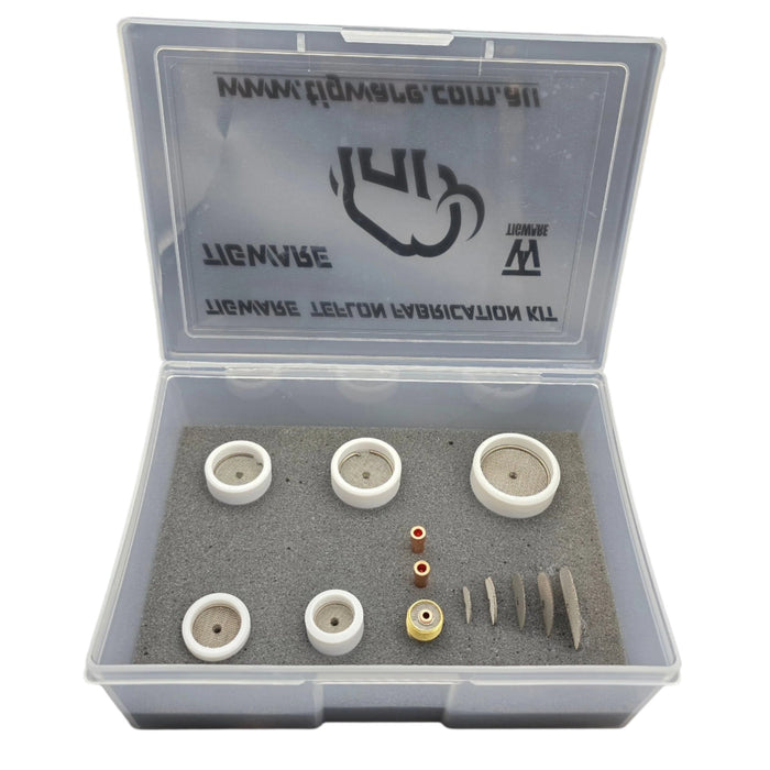 TIGWARE Teflon Fabrication Kit – discounted boxed set featuring five TEFLON diffuser units (#10, #12, #14, #16, #20) with matching spare diffusers, torch adapter, and collets. Designed for DC TIG welding with TIGWARE’s Triple Diffuser System for superior gas flow, extended stick-out, and weld control