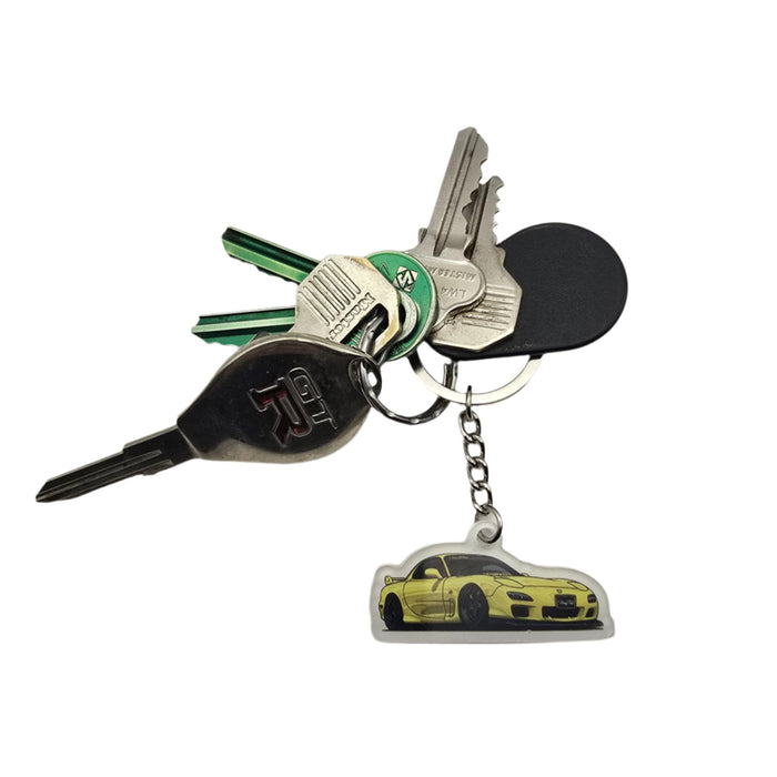 Limited edition collection featuring Vinny Fab's favourite builds, including the Yellow Mazda RX-7 key chain for quick and easy key identification.