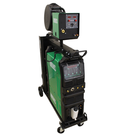 Everlast Cyclone 503DPI digital inverter welder showing MIG, TIG, and Stick welding capabilities with detachable wire feeder and water-cooled gun