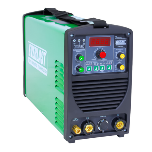 Everlast PowerTIG 185DV digital AC/DC TIG welder showing front panel controls and display