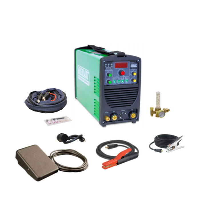 Everlast PowerTIG 185DV TIG welder with NOVA SuperFlex torch, foot pedal, cables, and accessories included