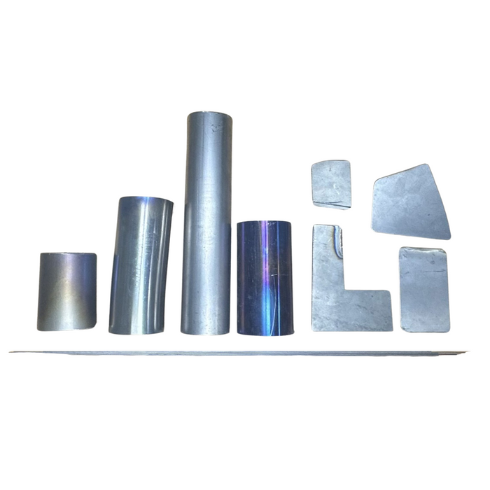 Example bag of titanium off-cuts for welding practice – assorted tube and flat bar pieces.