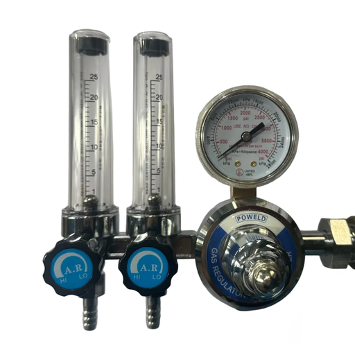 Argon gas regulator with dual pressure gauges for accurate gas flow and cylinder pressure monitoring during TIG and MIG welding.