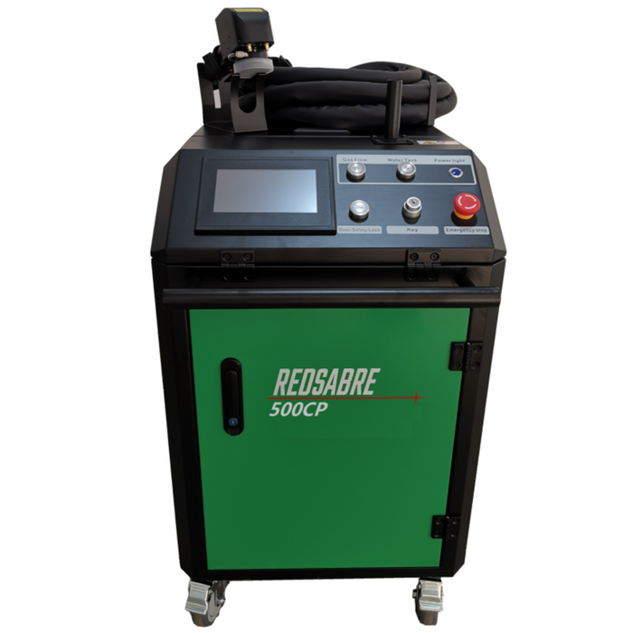 Everlast RedSabre 500CP 500W AIR COOLED pulsed fibre laser cleaner for industrial rust, paint, and mill scale removal with handheld scanning gun and touchscreen control.