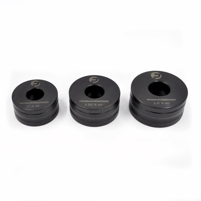Franklin Performance Dimple Dies, made from heat-treated alloy steel with corrosion-resistant oil impregnation. Designed to flare holes in sheet metal up to 1/8″ (3mm) thick, improving panel strength and appearance. Suitable for use in a press or ironworker; smaller sizes can be used with a nut and bolt on light steel or aluminium.
